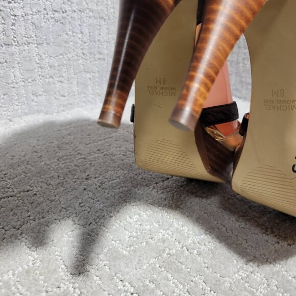 Michael Kors Heels Gold Black Leather Open Toe Buckle Ankle Strap Shoes Womens 8 - Picture 9 of 15